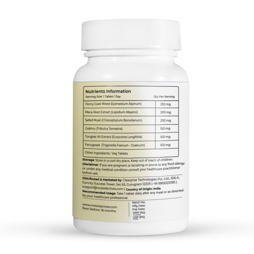 Image of Rooted Actives Vitality Blend | Maca Root, Safed Musli, Horny Goat Weed for Energy, Stamina, Endurance & Performance | For Men & Women | High Potency | 30 Tablets