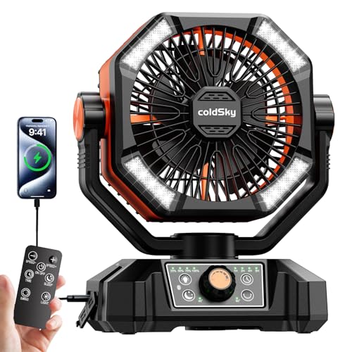 Image of coldSky Rechargeable Table Fan for Home with LED Light & Remote Control, 20000mAh Battery Fan Rechargeable Big Size With 8 Speed Modes (Orange)