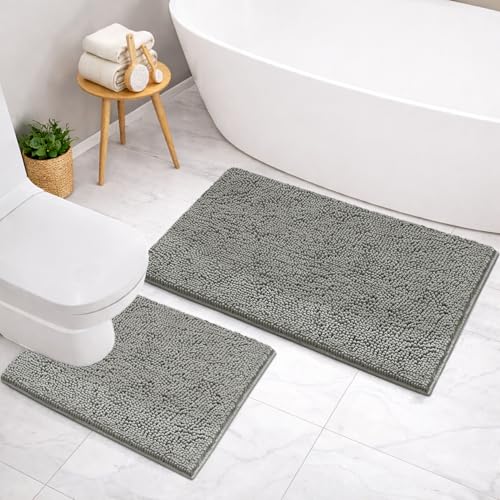 Image of LUXEHOME International Microfibre Chenille Contour Bath Mat Set for Bathroom, Anti Slip Super Absorbent Quick Dry Washable Bathroom Mats, Solid (Grey 45x75cm & 47x47cm) Pack of 2