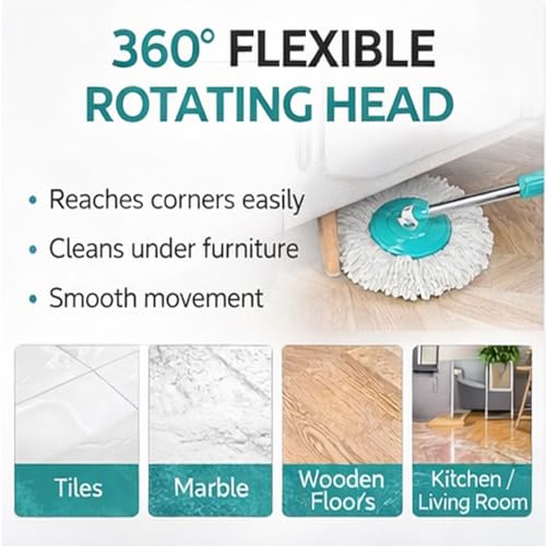 Image of Premium 360 Spin Mop Stick Rod with Stainless Steel Handle | Adjustable & Extendable Mop Handle | Heavy Duty Rust-Proof Floor Cleaning Rod Compatible with Spin Mop Refill - 4 Refill