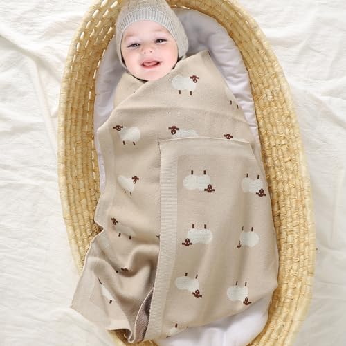Image of mimixiong Baby Blanket Knit Receiving Boys Girls Blanket Soft Cotton Neutral Blanke for Swaddle Crib Stroller with Cute Sheep (Khaki, 30x40 Inch (Pack of 1))