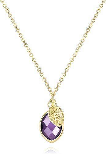 Me&Hz 14K Gold Plated February Birthstone Necklace with Initial Amethyst Crystal