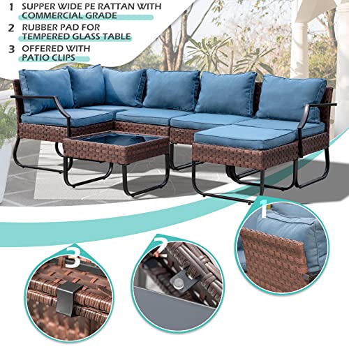 7 Piece Patio Outdoor Furniture Sets, All-Weather Brown Wicker Rattan With Powder Coated Metal Frame Sectional Sofa Couch Conversation Set, Lounge Sofa Cushioned Chair Seat With Glass Top Coffee Table #TOP4