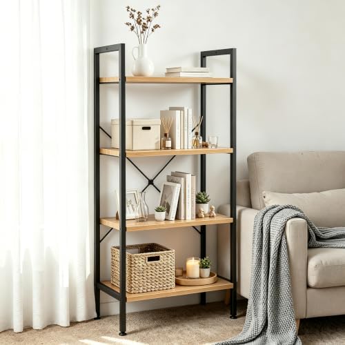Image of HealSmart 4 Tier Bookshelf, Free Standing Book Shelf Home Office Bookcase Shelf Storage Organizer for Bedroom, Bathroom, Living Room, Office, Balcony, Wood
