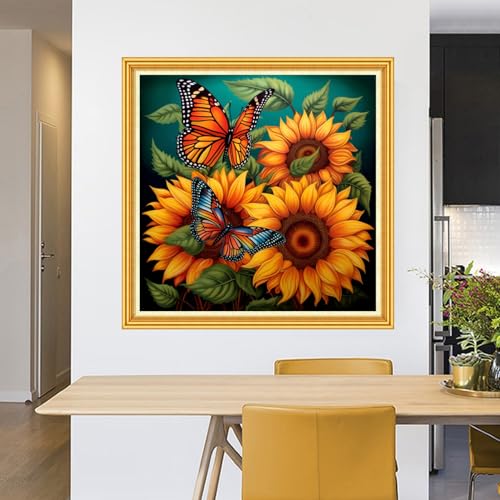 Image of Foxhool Stamped Cross Stitch Kits,11CT Printed Cross Stitch Pattern Full Embroidery Kits for Beginner Needlepoint Kits-Sunflower Butterfly 18x18 inch