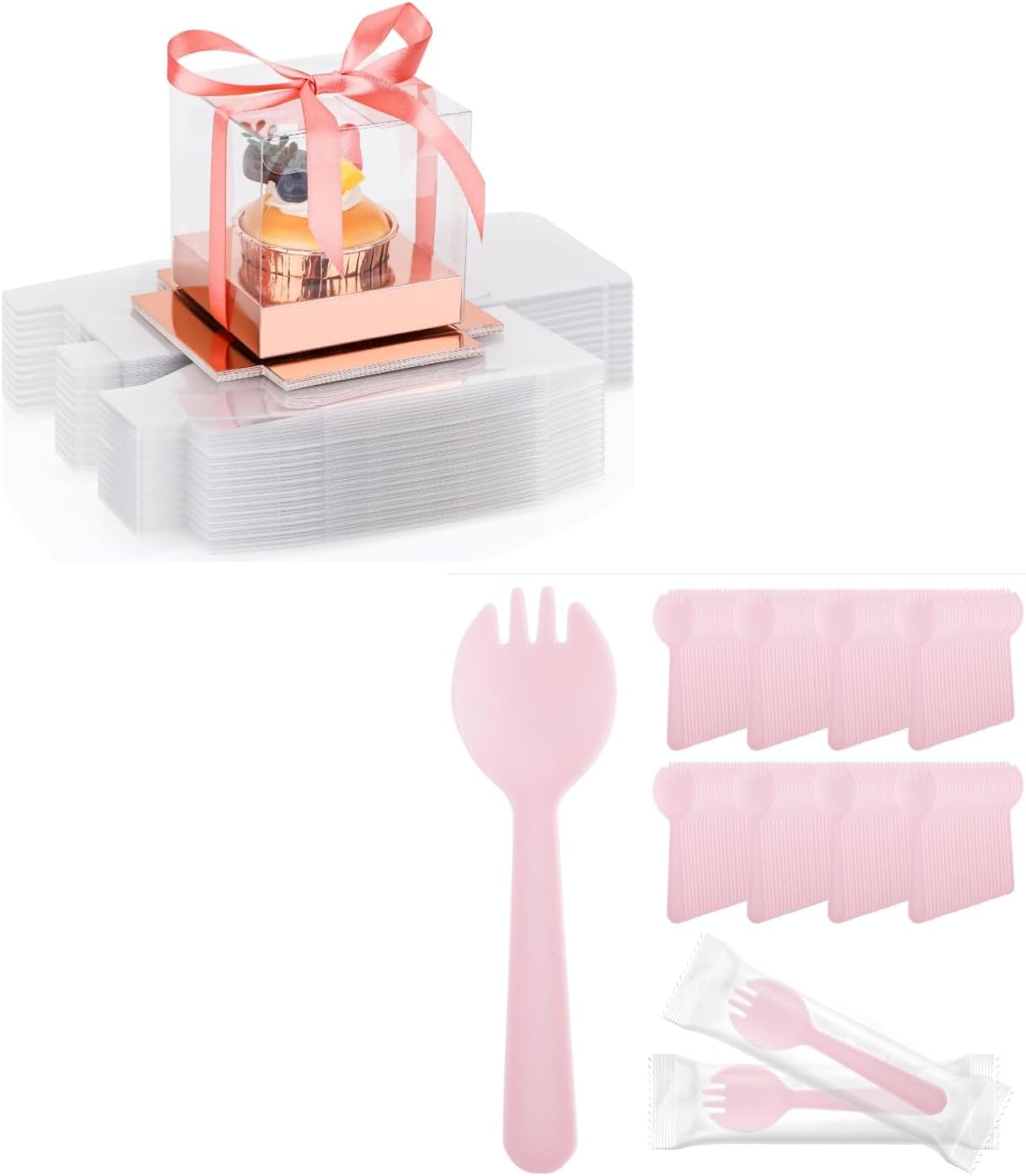 EUSOAR 50pcs Tall Cupcake Containers and 200pcs 4.5"x1.3" Disposable Sporks, Cupcake Carrier Storage for Cake Dessert, Transparent Cupcake Holder Carrier for Wedding Birthday Party Favor