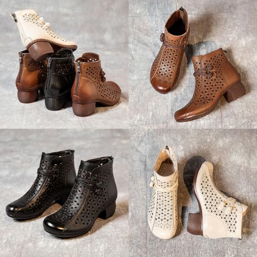 Keilinia Women's Leather Cutout Dress Booties,Summer Round Toe Comfy Breathe Chunky Block Softsole Zip Casual Short Ankle Boots3