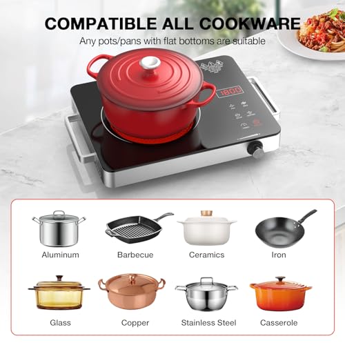 Image of Portable Electric Cooktop 110V, 1800W Electric Stove Infrared Hot Plate with Knob Control, Nafewin Single Burner Countertop Burner with Handle, 4-Hours Timing Setting, Compatible for All Cookwares