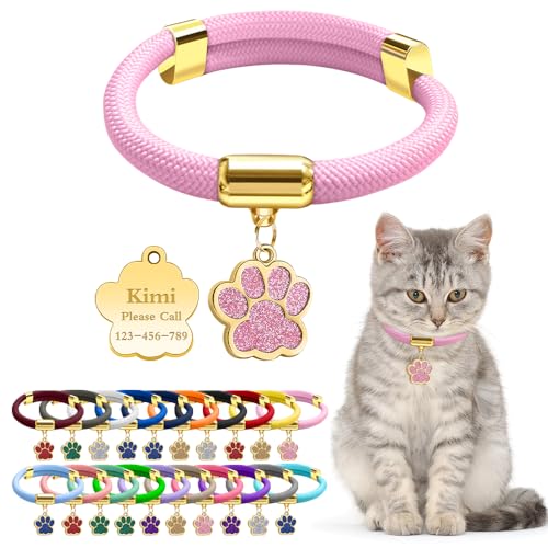 Personalized Breakaway Cat Collars with Magnetic Quick Release Buckle Custom Engraved Name Tag for Cats (Pure Pink)