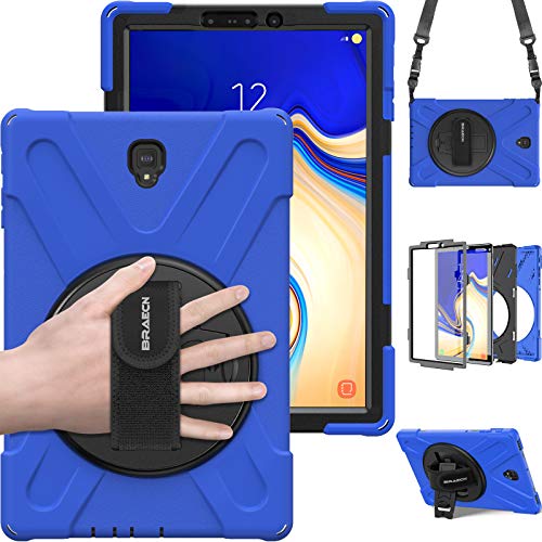 BRAECN for Galaxy Tab S4 10.5 2018 Case,Three Layer Heavy Duty Drop-Proof Protective Silicone Case with Kickstand+Hand Grip+Carrying Strap for Samsung Tab S4 10.5 Inch T830/T835/T837 2018 (Blue)