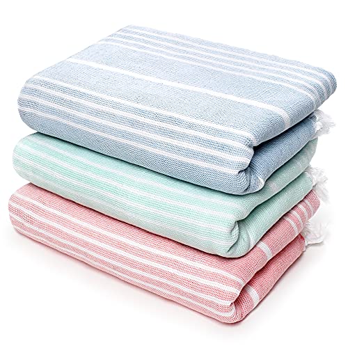 Kaufman - Sand Free Fouta Horizontal Stripe Quick Dry Oversized Beach Towel , 3-Pack Large 32" X 62" Brushes Sand Easily