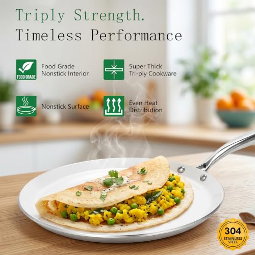 Image of HORNBILLS Tri-Ply Stainless Steel Dosa & Roti Tawa | 28 cm, 4 mm Thick Heavy Bottom | for Dosa, Roti, Chapati, Paratha, Uttapam & Cheela | Gas & Induction Compatible | 5-Year Warranty