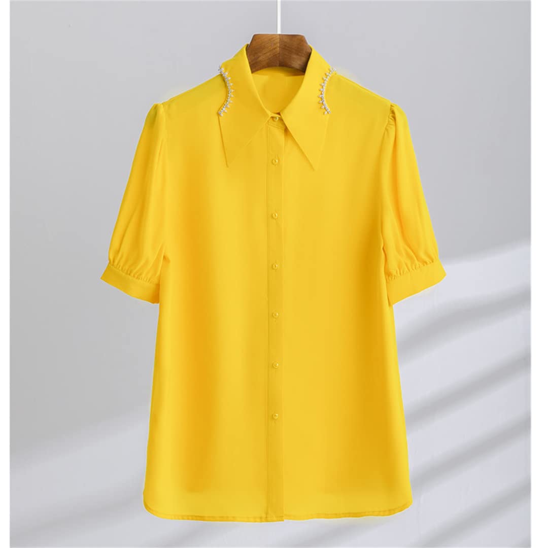 Camisa con Botones para Mujer, Manga Corta, Cuello en V, Blusa de Negocios, Blusas de Gasa Informales de Verano Yellow S