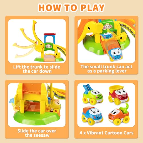 lerrbo Kleinkindspielzeug für 0 1 2 3 Jahre alte Jungen und Mädchen Geburtstagsgeschenke, Elefantenrutsche mit 4 Cartoon Autos Lernen Babyspielzeug 12-18 Monate, Lernspielzeug für 1+ Jahr alt