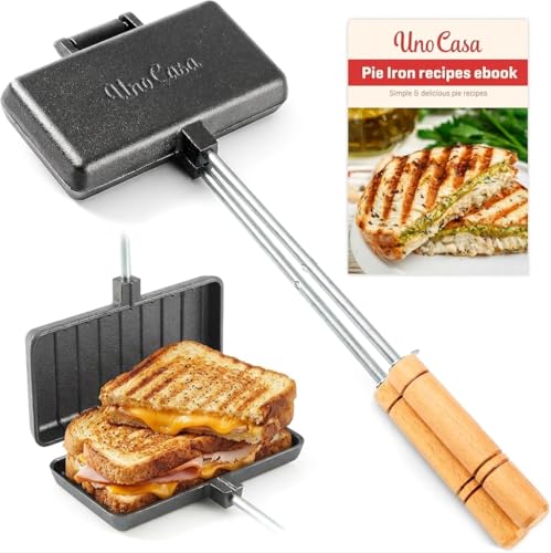 Uno Casa - XL Pie Irons Cast Iron Sandwich Maker - Mountain Japanese Sandwich Maker with Recipe Book - Durable Campfire Cooking Equipment for Toasted Pies, and More