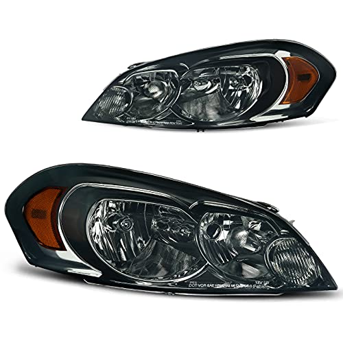 DWVO Headlights Assembly Compatible with 2006-2013 Chevrolet Impala / 14-16 Chevy Impala Limited / 2006 2007 Monte Carlo Headlamp Pair Replacement Black Housing Smoke Lens Amber Reflector