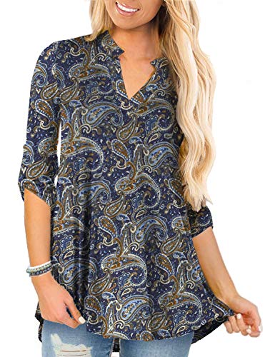 A.jesdani Tops Women 3/4 Sleeve Shirt For Women V Neck Blouses Tunics Tops Dark Blue Womens Shirts 1X Plus #TOP19