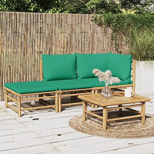 Nqyjm 3 TLG. Juego de salón de jardín con cojines verdes, muebles de jardín de bambú, muebles de balcón, zona de estar al aire libre, ideal para jardín, terraza, balcón esquina media reposapiés