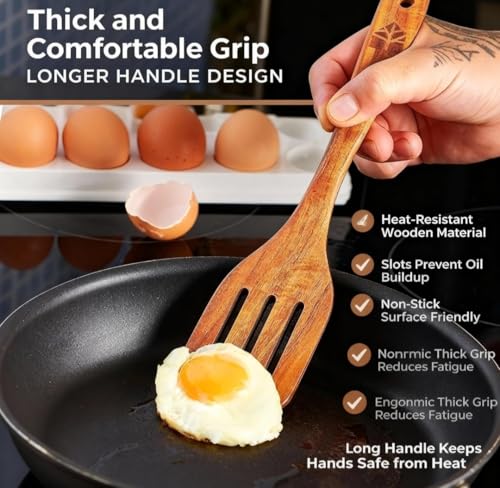 Image of Premium Wooden Kitchen Utensil Set - 5 Piece Natural Teak Wood Cooking Tools, Spatula, Ladle, Spoon Set - Non-Stick Safe, Heat Resistant, Eco-Friendly Kitchen Accessories (Pack of 5)
