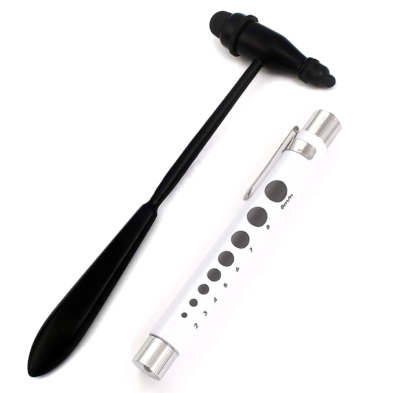 Laja Imports Lightweight Tromner Percussion Reflex Hammer Black Color & Led Pen Light Pupil Gauge 'White Color For Nurses, Ems, Students, Emergency Room for Educational Use