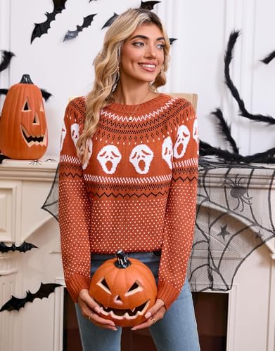 Image of Women's Fair Isle Sweaters Long Sleeve Crew Neck Loose Casual Halloween Pullover Sweater Deep Orange Small