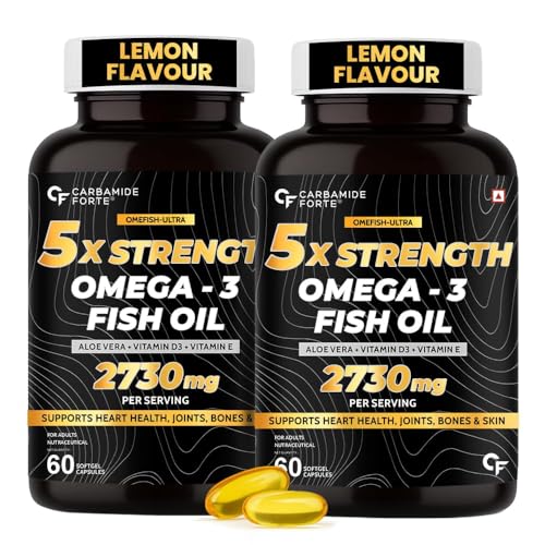 Image of Carbamide Forte 5X Strength Omega 3 Fish Oil Capsules 2730mg with Omega 3 Supplement 1590mg and added Vitamin A, D, E & Aloevera with Fish Oil for Men & Women - 60 Softgel Capsules (Pack of 2)