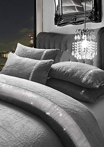 SELECT-EDLuxuries Diamante Kasia Teddy Bear Fleece Duvet Cover with Pillow Case Bedding Set (Silver/Grey, Double)