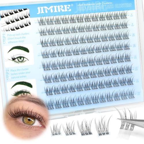 JIMIRE Natural Self Adhesive Eyelashes Wispy Pre Glued Lash Clusters No Glue Needed Lashes Reusable Self Adhesive Lash Clusters Easy to Apply 9-12MM Eyelash Clusters for Clean Makeup Look