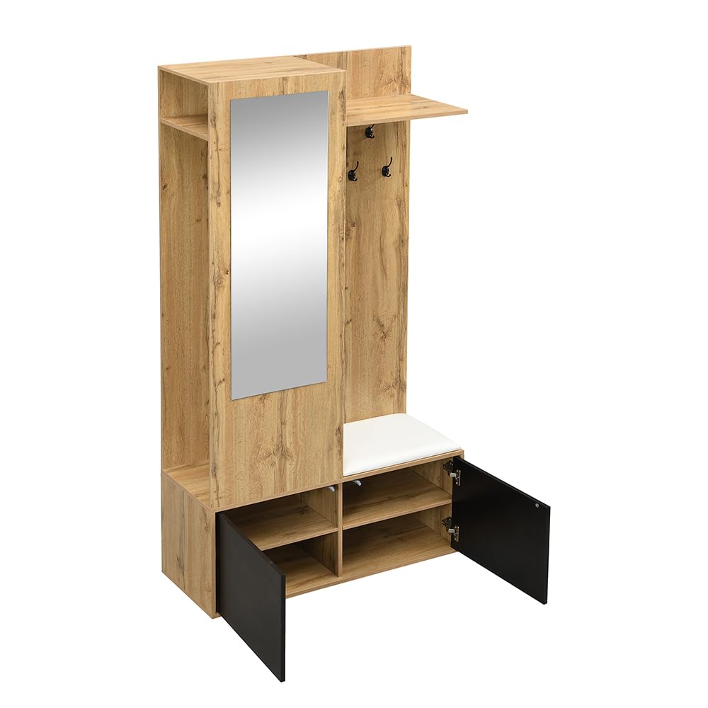 PUGSDRLY Ensemble de vestiaire Comprenant 5 patères 100L x 38 B x191 H, Un Miroir, Armoire à Chaussures, Armoire encastrée avec étagère supérieure, des tiroirs