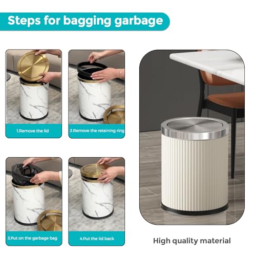 Image of 4 Gallon Bathroom Trash Can with Swing Lid, White Silver Leather Garbage Can, Modern, Large, Big Waste Basket, for Bedroom Kitchen Powder Room Toilet (15L Elegant White)