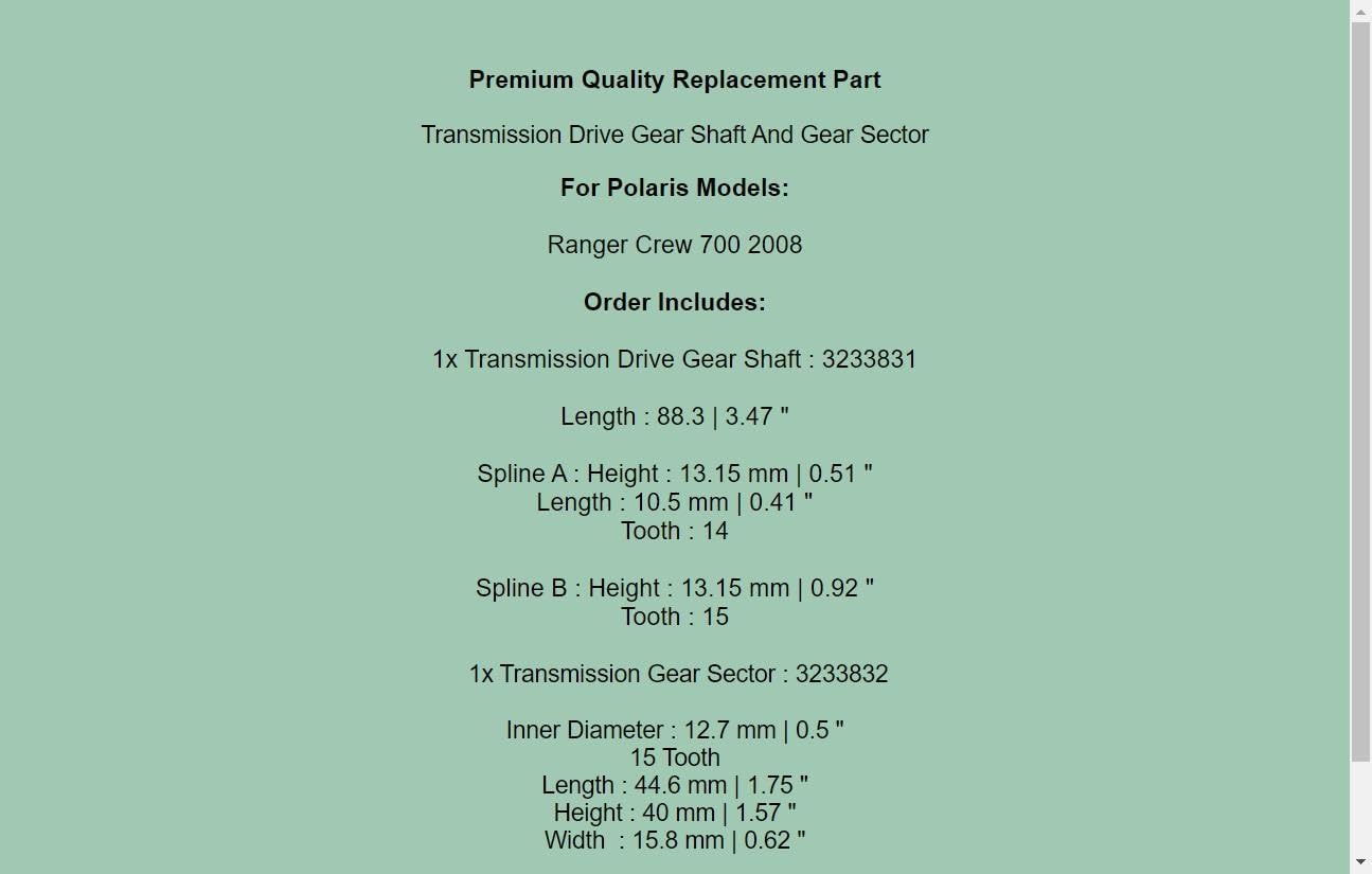 Replacement Transmission Drive Gear Shaft And Sector For Polaris Ranger Crew 700 2008