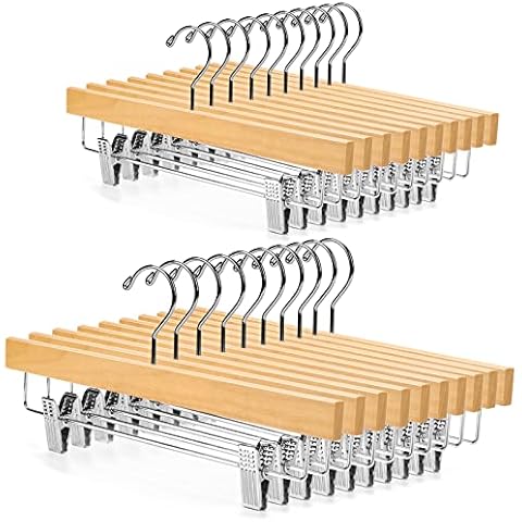 Nature Smile Wooden Pants Hangers Skirt Hanger Solid Lotus Wood Jeans Bottom Hanger with Clips Natural Color(20 Pack) Cover