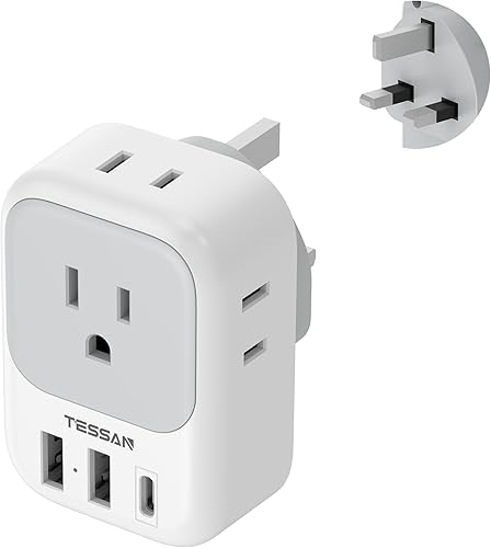 Adaptador de enchufe de EE.UU. a Reino Unido, convertidor de viaje tipo G de TESSAN con 3 cargadores USB (1 puerto USB C), adaptador de corriente de