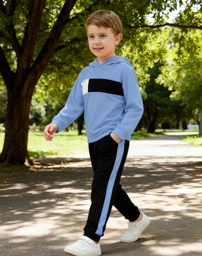 Image of KIDLAGA Toddler Boy Clothes Long Sleeve Hoodie Sweatsuits Tops and Pants Boys Fall Winter Color Block Outfits Set 5-12 Years