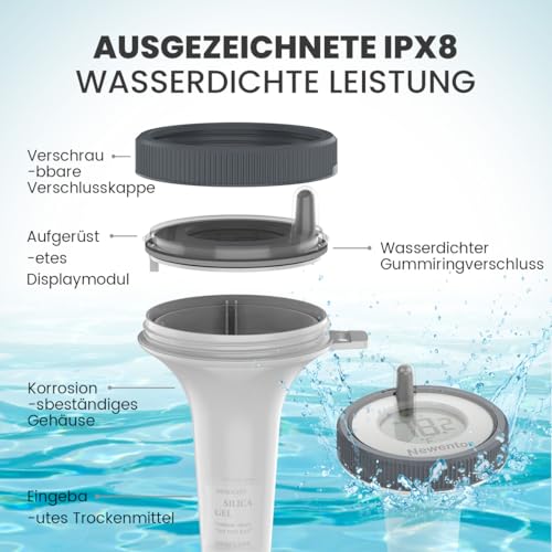 Newentor PoolThermometer - Funk Wasserthermometer Schwimmend– Aufgerüstete IPX8 Wasserdicht – Verbesserter Antennen - Turbo für 100m Reichweite durch Wände – Für Pool, Whirlpool und Aquarium-Weiß