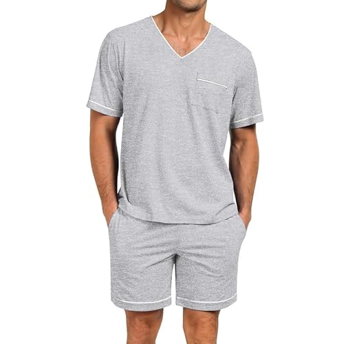 Marvmys Men Pajamas Set Summer Pajamas Short Sleeve Pajama Set Lightweight Pj Set Sleepwear Outfits with Pockets S-2XL Small Light Grey