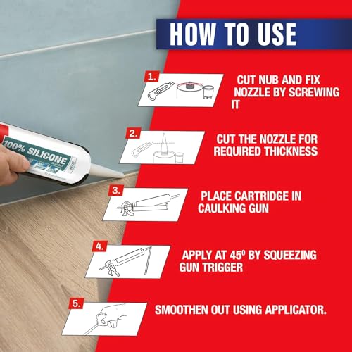 Image of Loctite 100% silicone sealant, Waterproof, No shrinkage,Dries in 10mins,Waterproof in 2hrs,Ideal for kitchen, bathroom,HVAC applications, sealant for glass, ceramics, aluminum, steel, White,260ml x 2