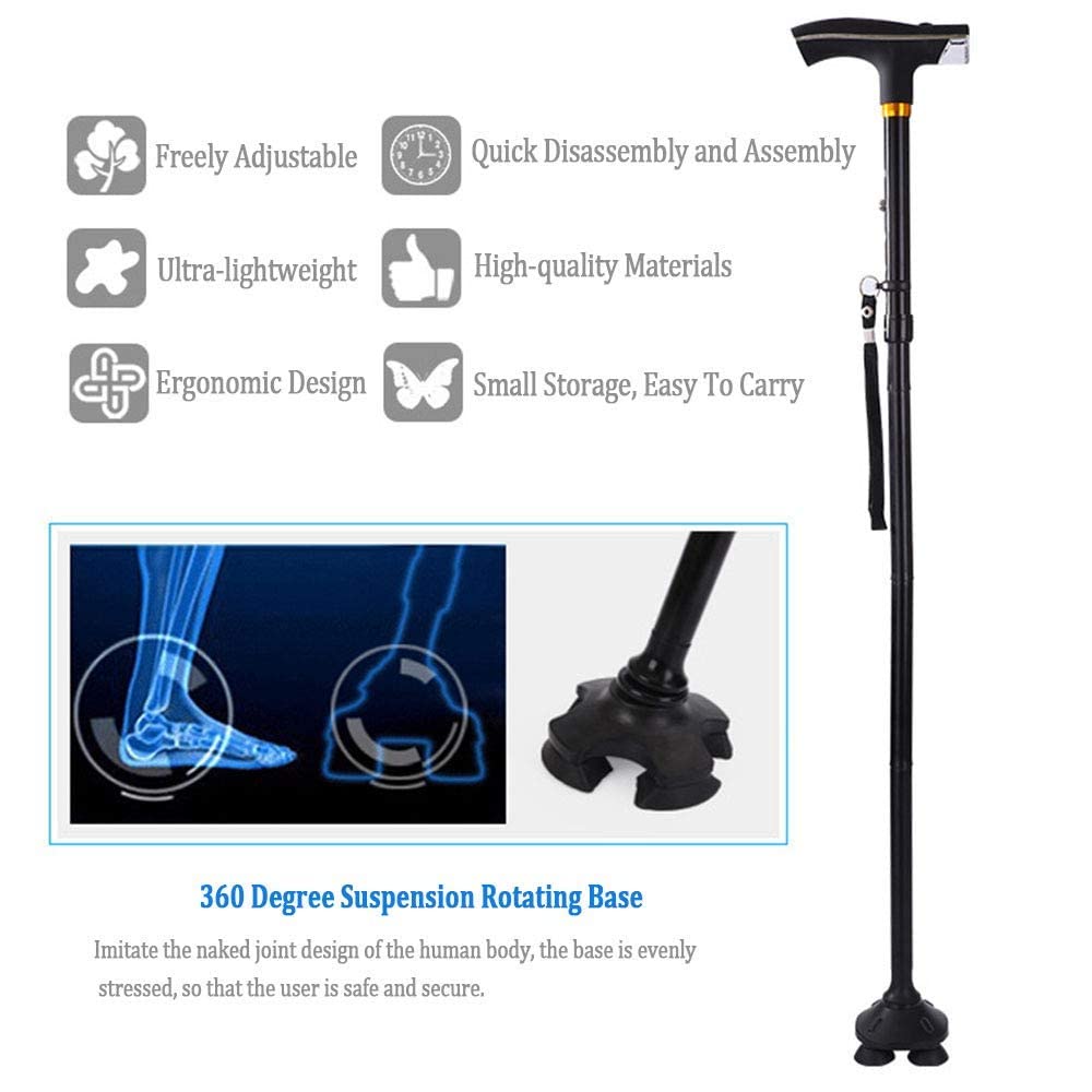 SGSG Bastones Bastón para Caminar Plegable con luz LED, Mango Antideslizante, portátil, 10 muletas de Altura Ajustable, Bastones multifunción para Hombres, Mujeres