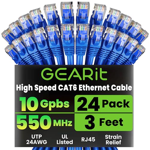 GearIT Cat 6 Ethernet Cable Pack - 24-Pack 3 ft Cat6 Ethernet Patch Cables | RJ45 Network Patch Cable, 10 Gbps Snagless Gold-Plated Connectors - Ethernet Cable Cat 6 for PC, TV, Router - Blue