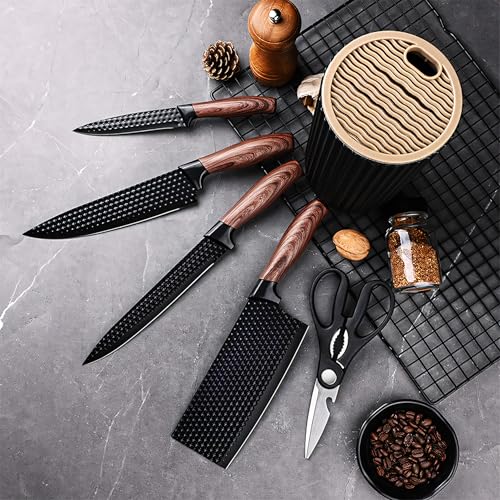 Image of HomeEssentials 5pc Diamond Kitchen Knife Set - Ultra-Sharp Non-Stick Textured Blades - Stainless Steel Chef, Cleaver & Paring Knives - Ergonomic Wood-Grain Handles, Shears & Universal Block Holder