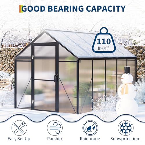 6x10 FT Greenhouse for Outdoors, Polycarbonate Greenhouse with Roof Vent, Ground Nails, Lockable Push Door, Aluminum Large Walk-in Green House for Outside Garden Backyard, Patio, Lawn, Black