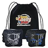 Beer Belly Bags Cornhole - Competitive Series 8 Bags Resin Filled - Double Sided - Sticky Side | Slick Side - Basketweave (Black/Blue Splatter Skulls)