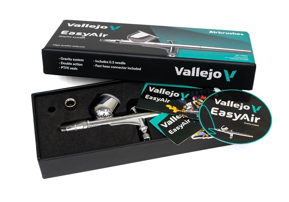 Vallejo Aerografo EasyAir Doppia Azione, ideale per modellismo e aerografia, ugello galleggiante 0,3 mm, tazza 9 ml, connessione rapida, design ergonomico e solido