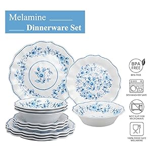 UPware 12 Piece Melamine Dinnerware Set Includes Dinner Plates Salad Plates Bowls Service for 4 Blue and White Floral