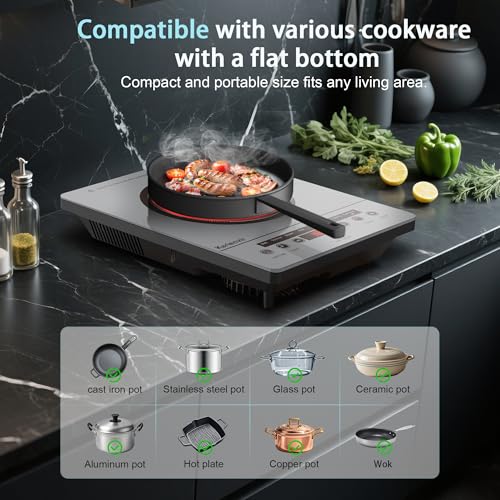 Image of Single Burner Electric Cooktop, Portable Electric Stove 110v with plug, Touch Control, Safety Lock, Timer, Kitchen Cooking Cooktop With 9 Power Levels, 1800W, Grey