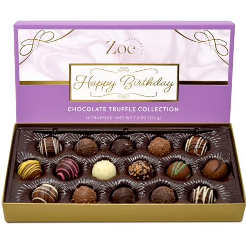 CRAVINGS BY ZOE Happy Birthday Chocolate Truffles Gift Box | 16 Count | Assorted Gourmet Milk & Dark Chocolate Candy Food Gift Basket | Birthday Gifts for Women & Men Mom Dad Kid Him Her Adult Family