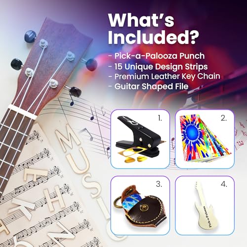 Pick-a-Palooza DIY Guitar Picks Punch Mega Pack - Custom Pick Maker for Musicians - Features Leather Key Chain Holder, Pick Strips with Artwork & File - Unique Gifts for Men & Women - Black Punch - Thumbnail 6