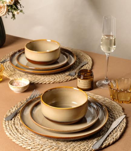 Image of TheTerra Ceramic Dinnerware Sets for 8, 24 Pieces Handmade Reactive Glaze Plates and Bowls Set, Scratch Resistant Dish Set, Oven & Microwave & Dishwasher Safe, Creamy Amber