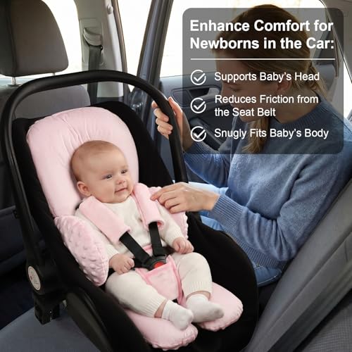 Image of Infant Car Seat Insert for Newborn Boys Girls, Extra Thick & Soft Minky Preemie Car Seat Head Body Support Cushion with Strap Pads, Perfect for Stroller, Baby Swing, Bouncer, 2-in-1 Reversible, Pink