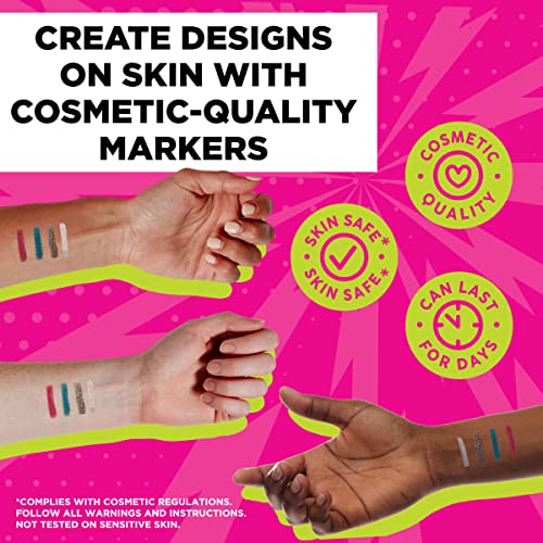 Bodymark Festival Temporary Tattoo Markers For Skin, Premium Brush Tip, Includes 4 Count Of Assorted Markers And Stencils Set, 1 White, 1 Magenta, 1 Silver, 1 Metallic Blue, 4 Ct #TOP2